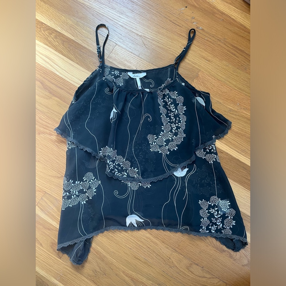 Kina Sheer Layered Spaghetti Strap Gray Floral Top Small